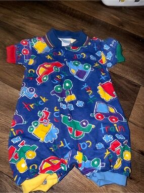 VTG Baby Bgosh 6/9 months Blue Baby Romper with Colorful Vehicle Print